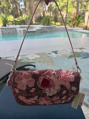 Pink Floral Beaded Wristlet Clutch